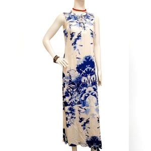 Cleo Short Sleeves Blue/White Maxi Dress Size Small, V - Neck